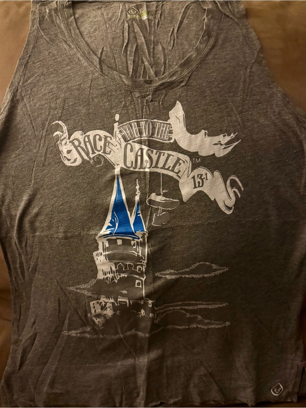 Gray Graphic Tank with Castle Print and Blue Accents